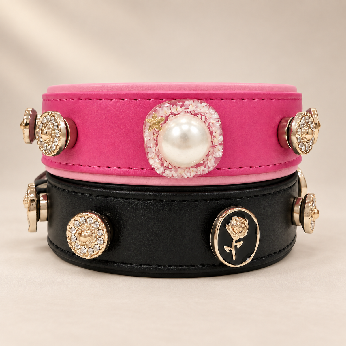Rose and pearl dog collar charms styled on pink and black PETIRIA collars with crystal and gold-tone details