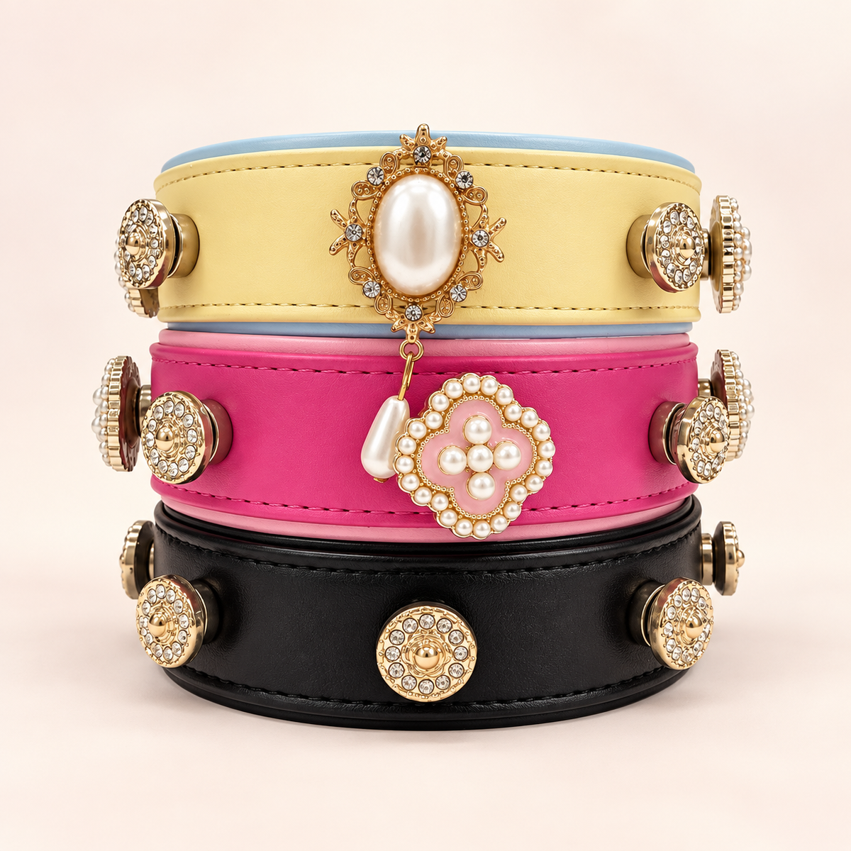 Royal Pearl dog collar charms styled on yellow, pink and black PETIRIA collars with pearl and crystal details