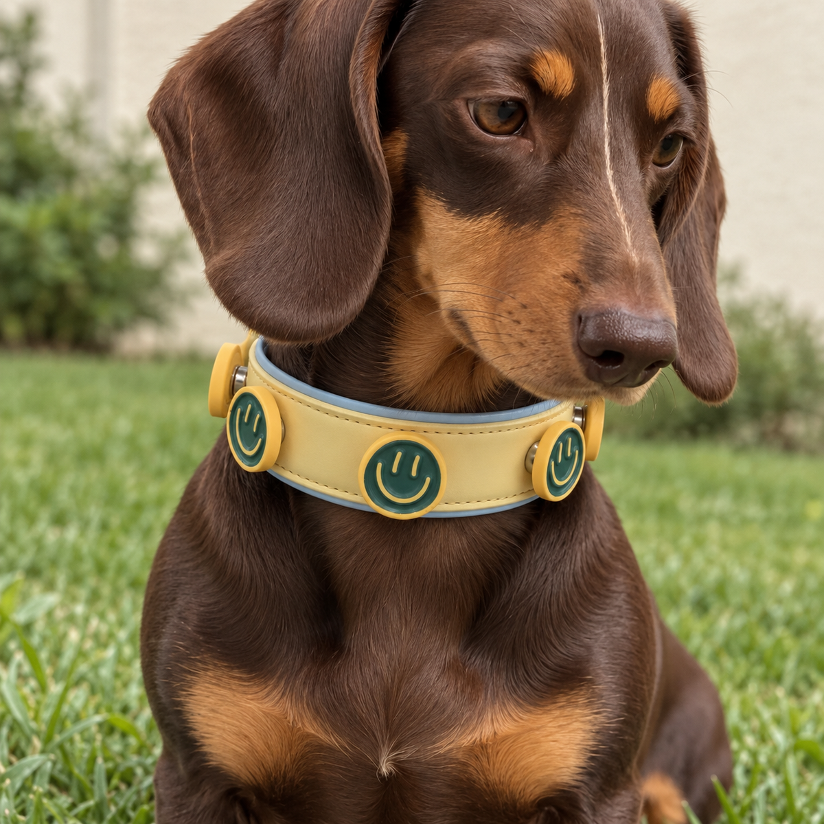 Dachshund wearing a yellow Petiria collar with colorful smiley face dog collar charms