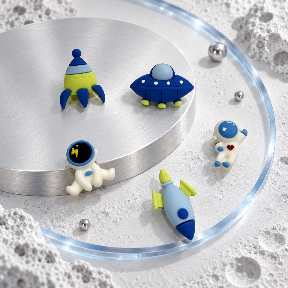 Space Adventure dog collar charm 5-piece set featuring two astronauts, a UFO and two colorful rocket designs