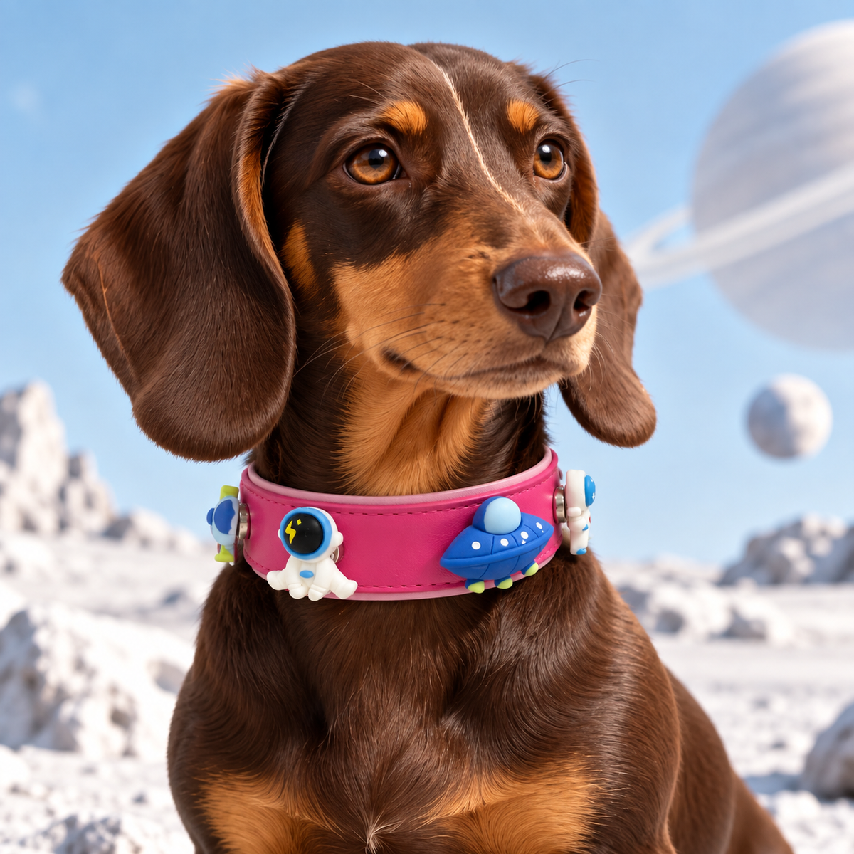 Dachshund wearing a pink collar styled with astronaut, UFO and rocket dog collar charms