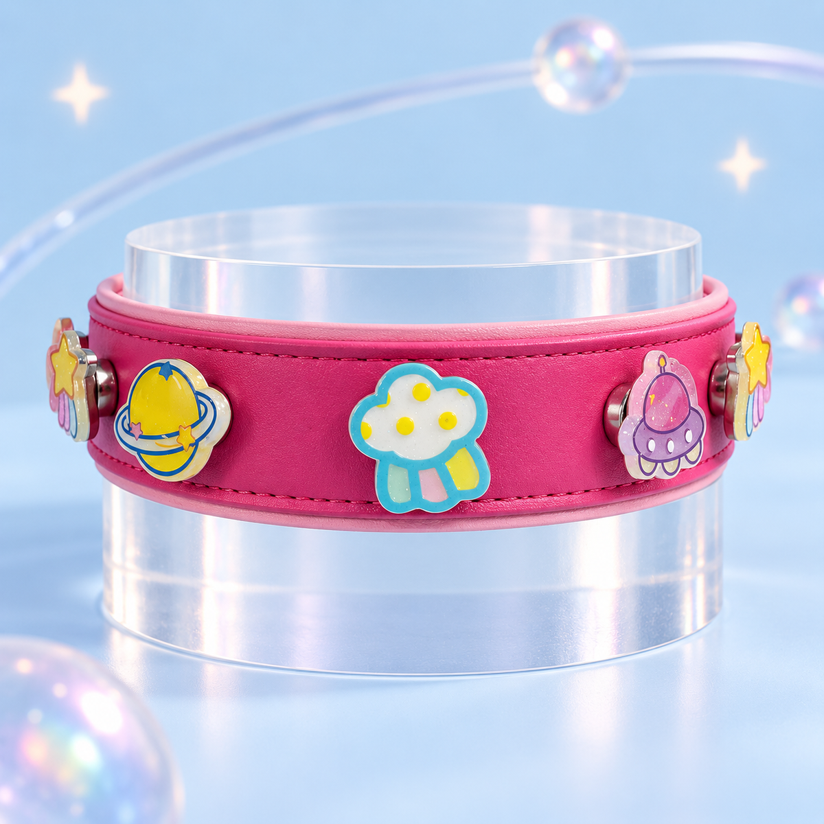 Pink PETIRIA collar styled with colorful planet, shooting star, UFO and cosmic flower dog collar charms