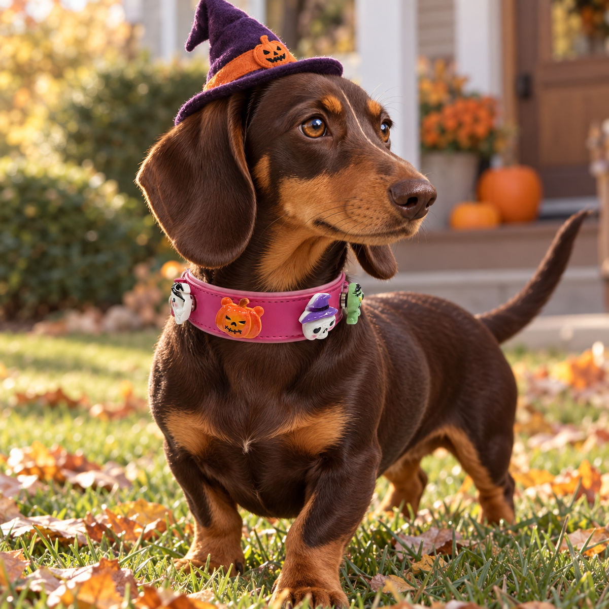 Dachshund wearing spooky Halloween dog collar charms with pumpkin, skull, ghost and monster designs on a Petiria collar