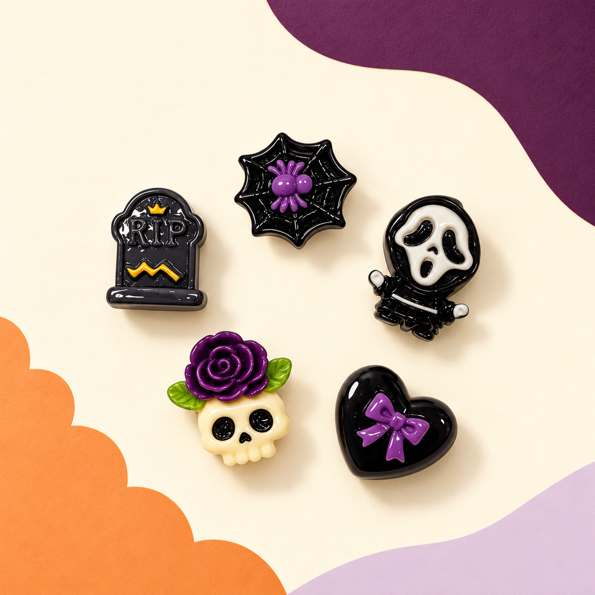 Spooky Halloween dog collar charms set with 5 black and purple snap-on charms for pets