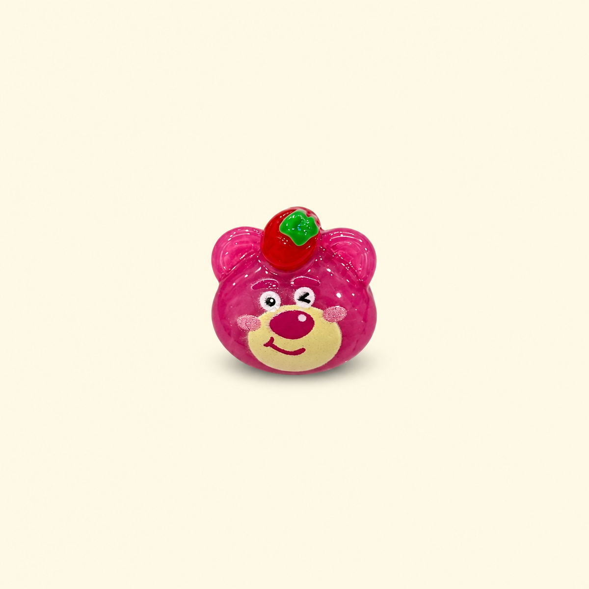 Pink strawberry bear dog collar charm with a green strawberry detail