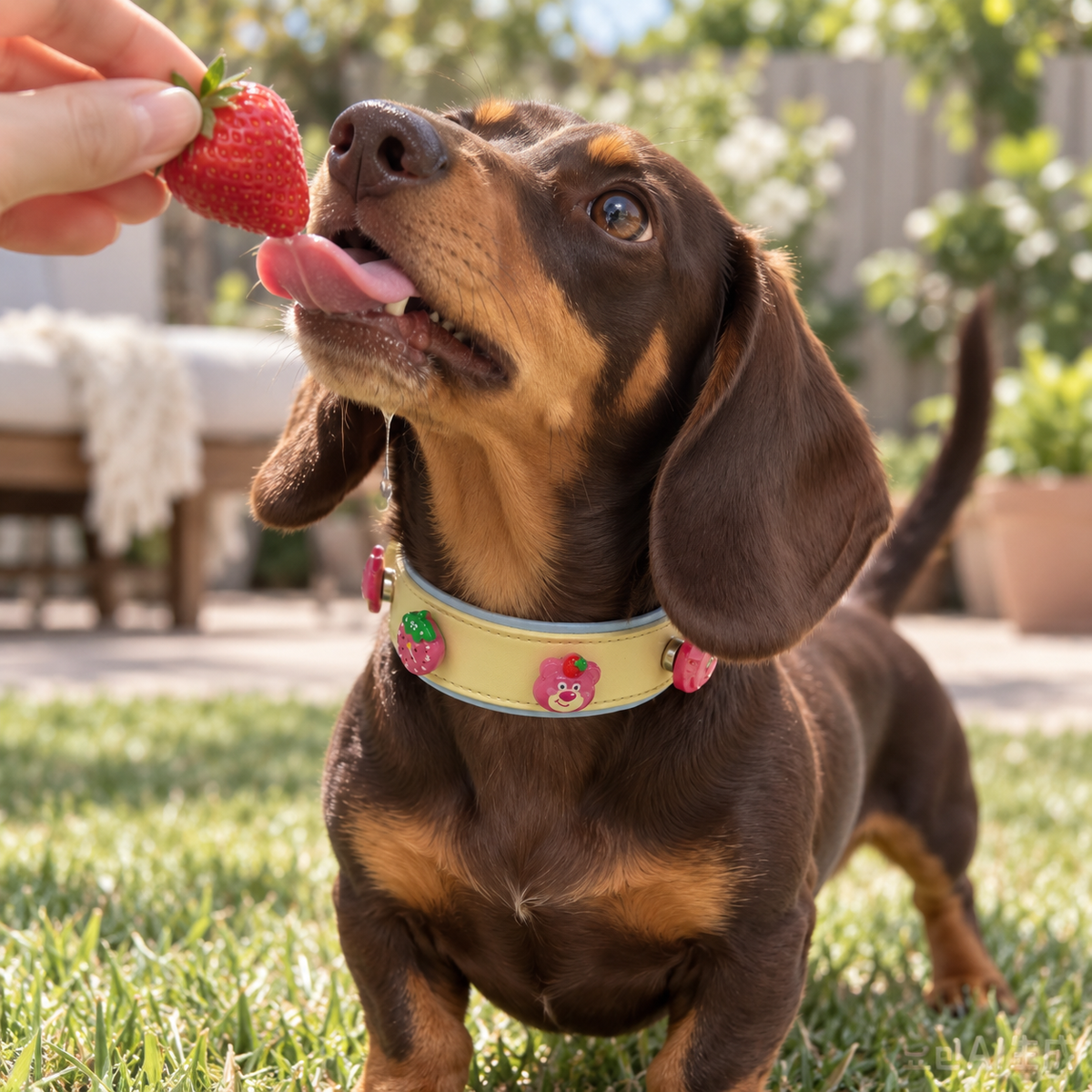 Dachshund wearing a Petiria collar with strawberry bear charms while enjoying a strawberry outdoors