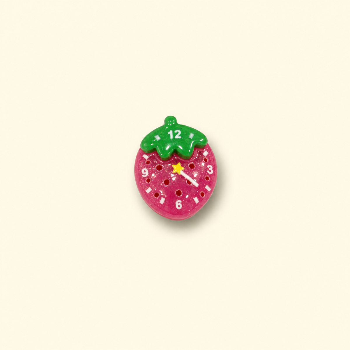 Pink strawberry-shaped clock dog collar charm with green leaves and a small clock face
