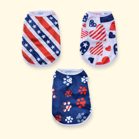 Set of 3 summer dog t-shirts with breathable fabric, featuring red, white and blue stripes, hearts, and paw prints, lightweight and comfortable for small to medium dogs