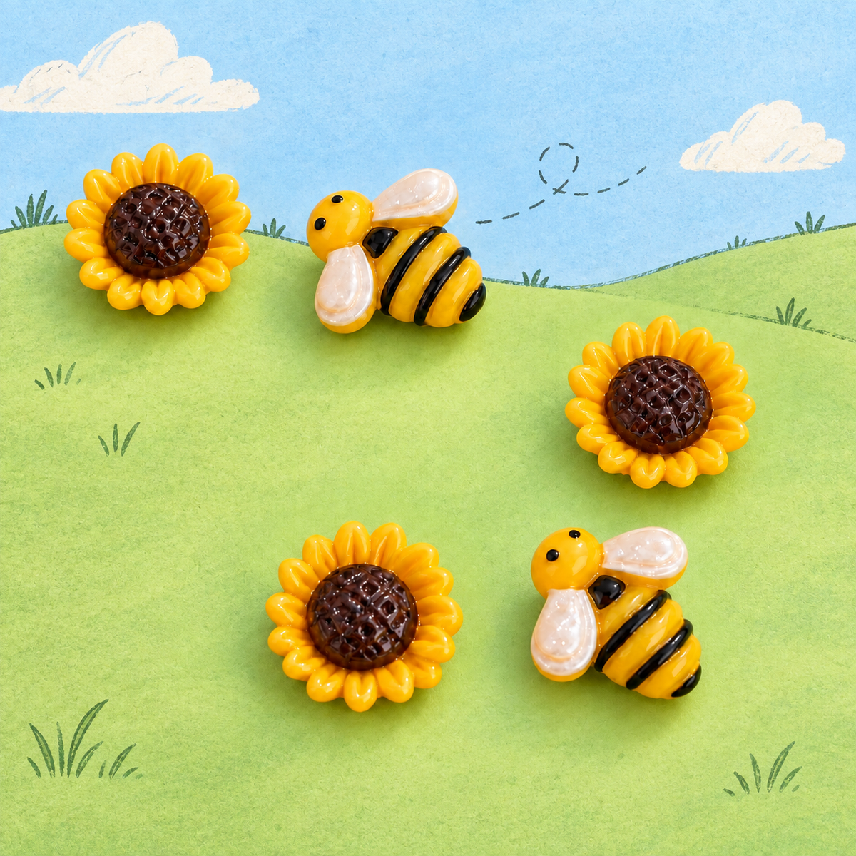 Sunflower and bee dog collar charm collection featuring bright yellow sunflowers and cute bumblebee designs