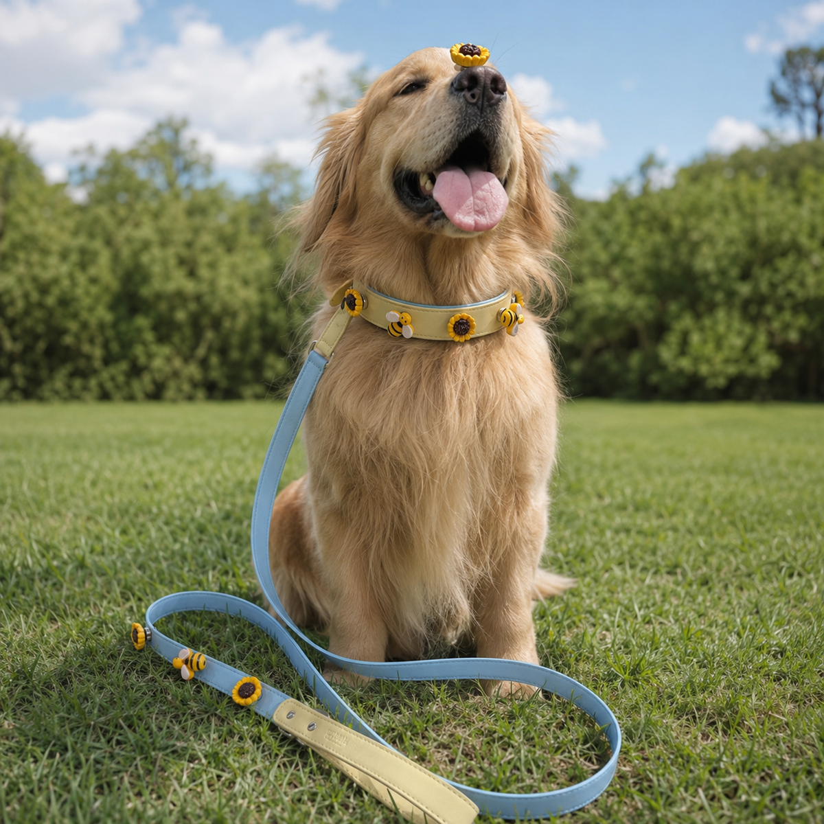 Golden Retriever wearing a yellow collar styled with sunflower and bumblebee dog collar charms outdoors