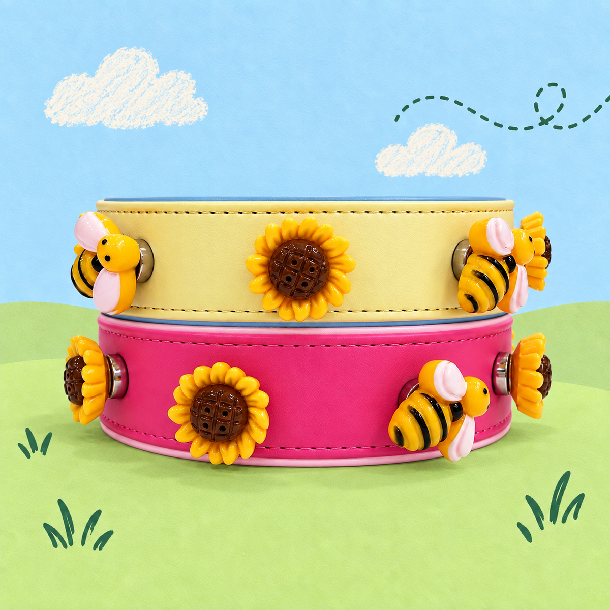 Sunflower and bumblebee dog collar charms styled on yellow and pink PETIRIA collars