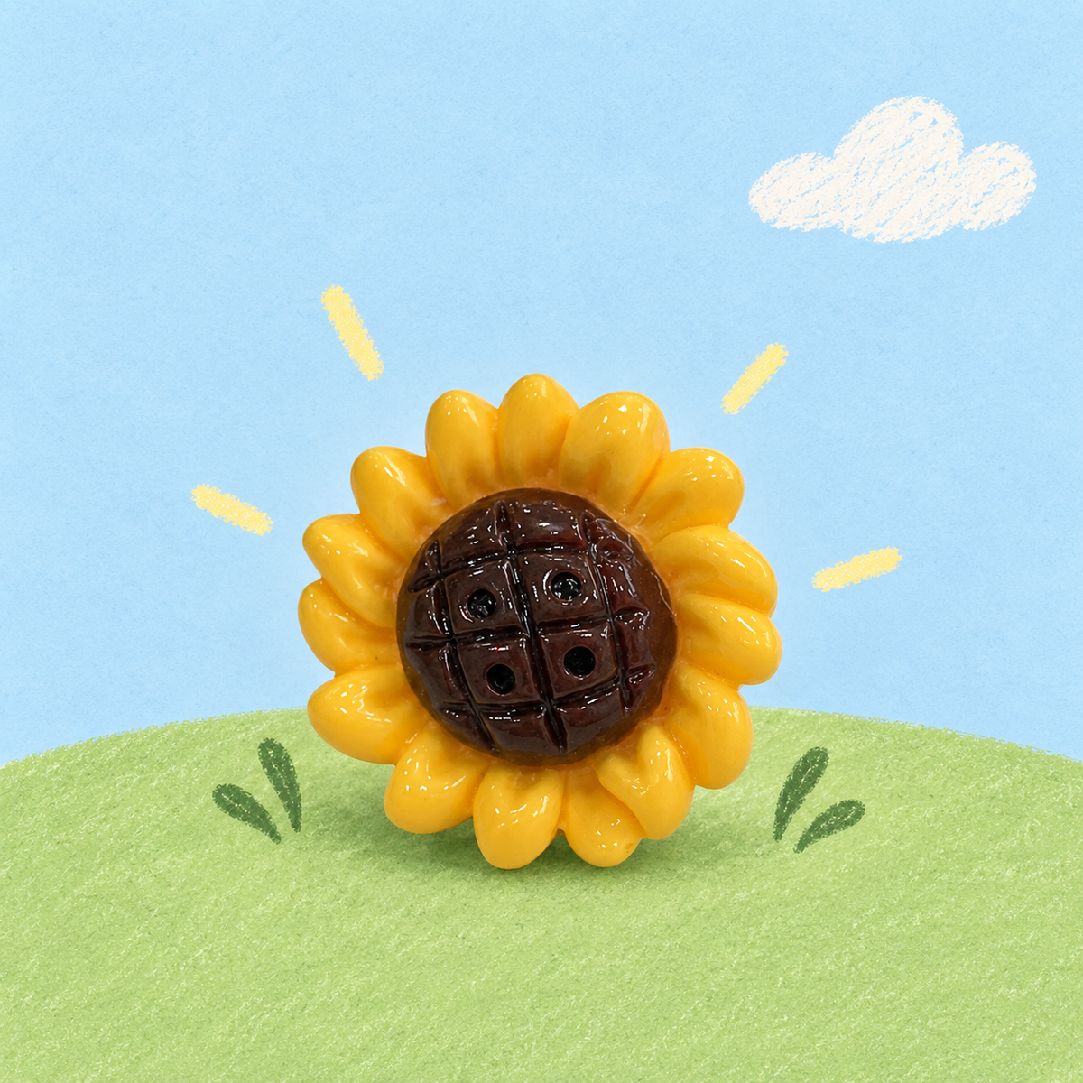 Sunny Sunflower dog collar charm with bright yellow petals and a textured brown flower center