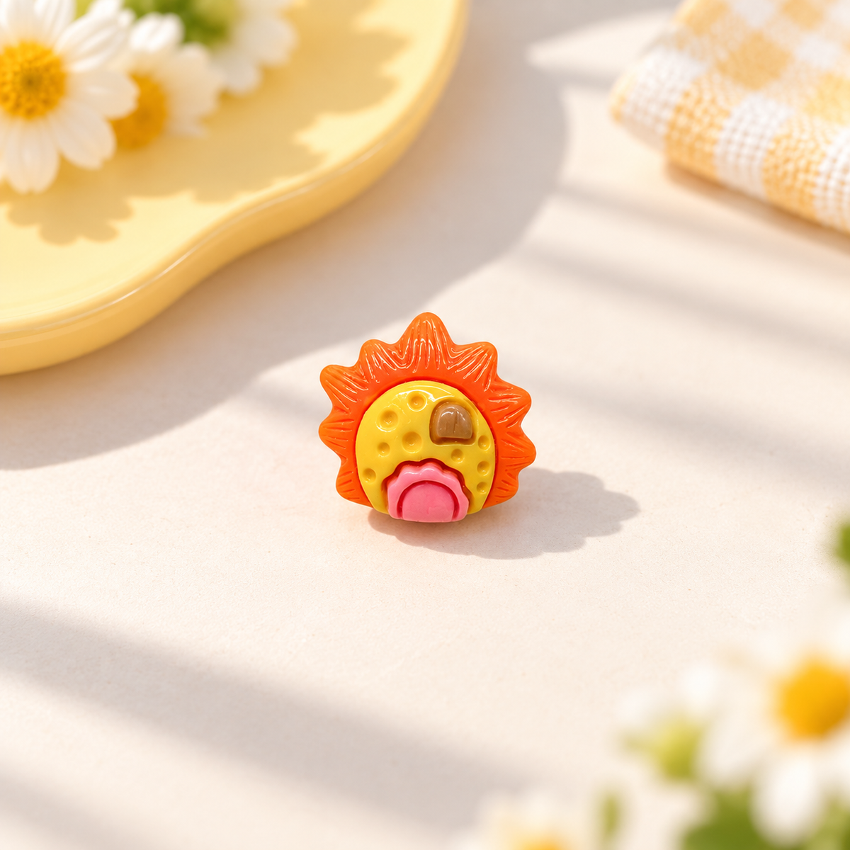 Sunshine House dog collar charm with orange sun rays, yellow details and a pink doorway