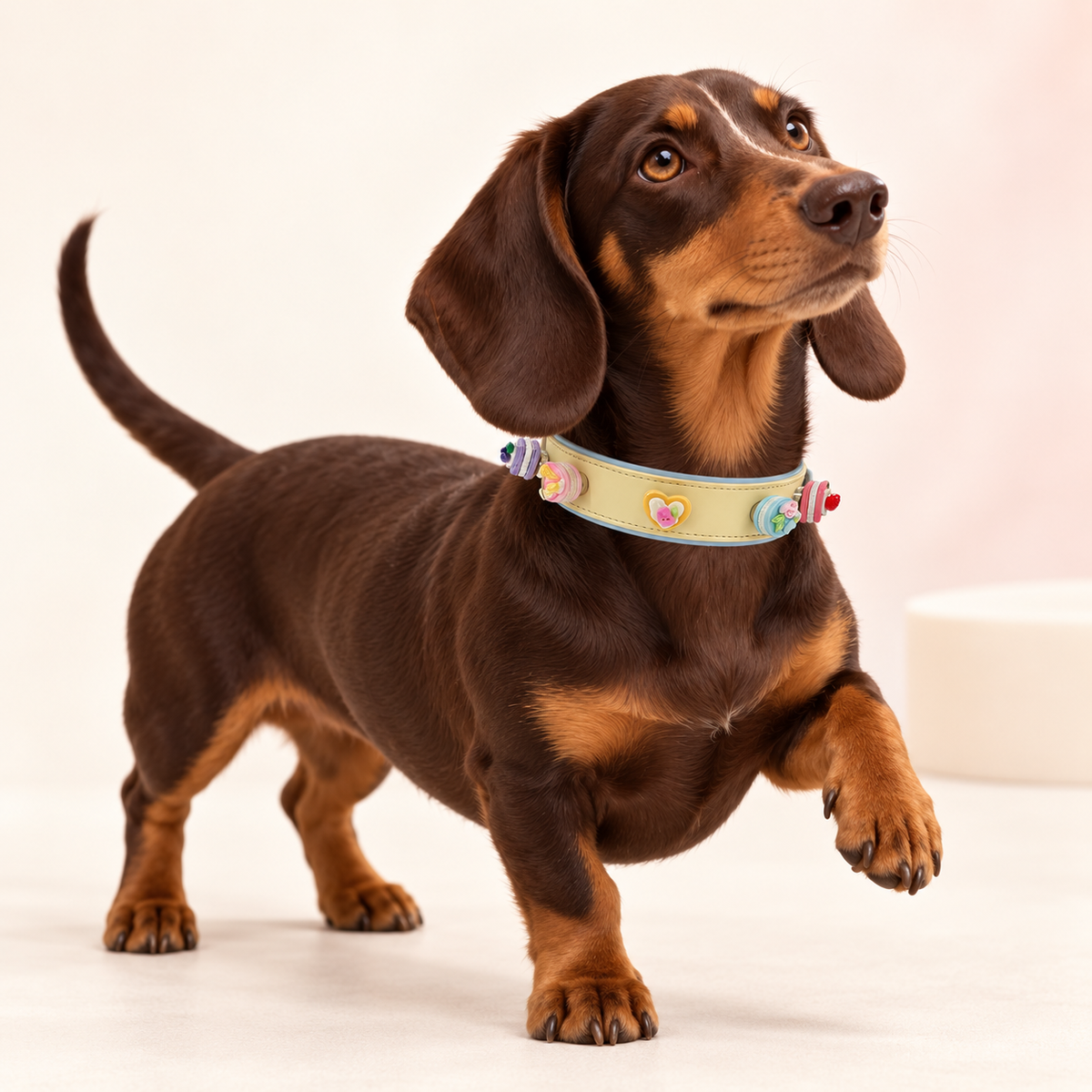 Dachshund wearing a Petiria collar styled with colorful sweet treat dog collar charms