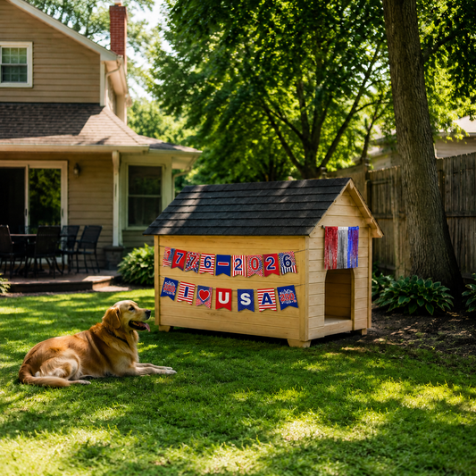 Close-up of USA 250  banner hanging on dog house, red white blue flag garland, 1776-2026 celebration decorations