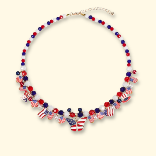 Patriotic USA 250 dog necklace with stars stripes charms and butterfly on medium dog
