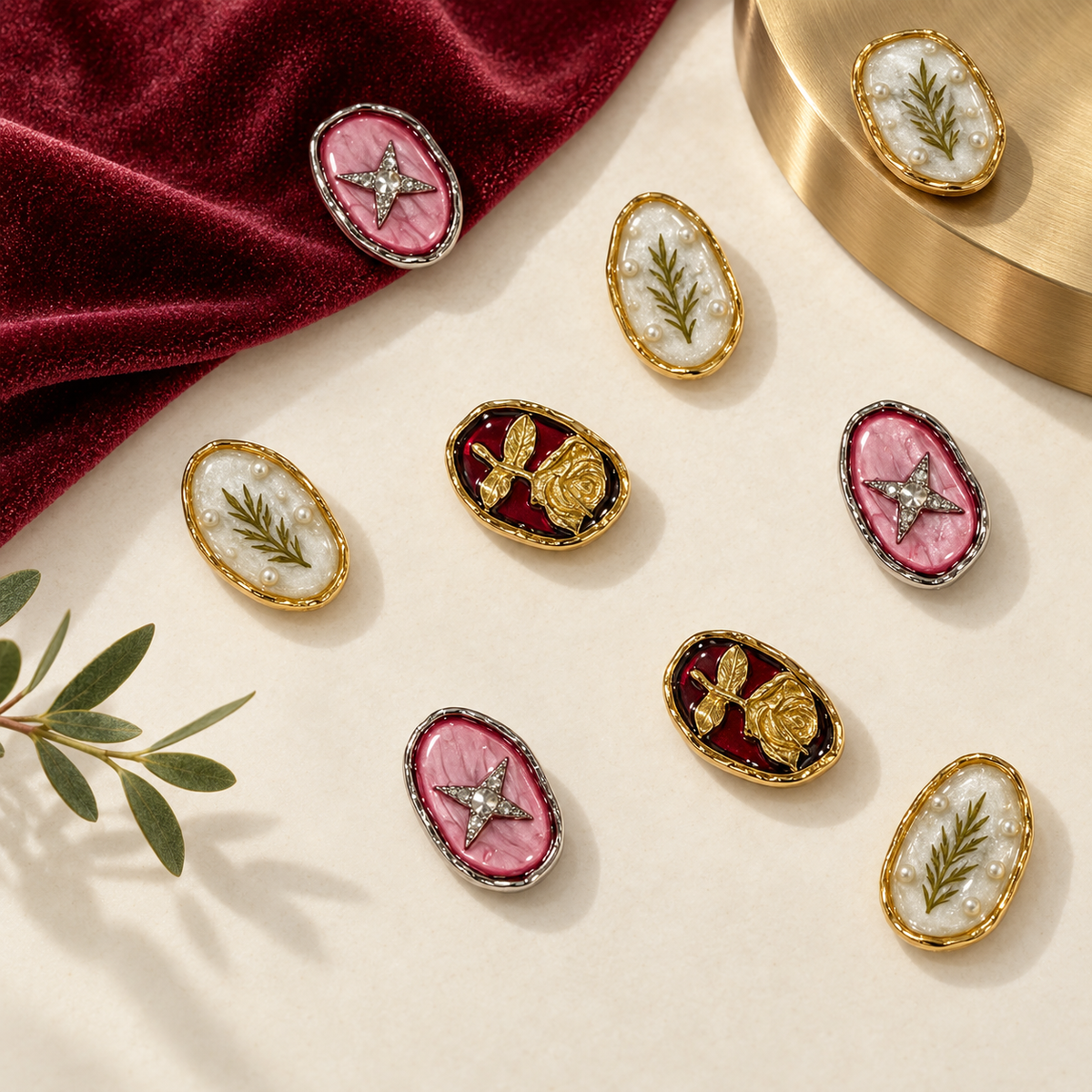 Vintage botanical dog collar charms featuring Golden Fern, Vintage Rose and Pink Star designs