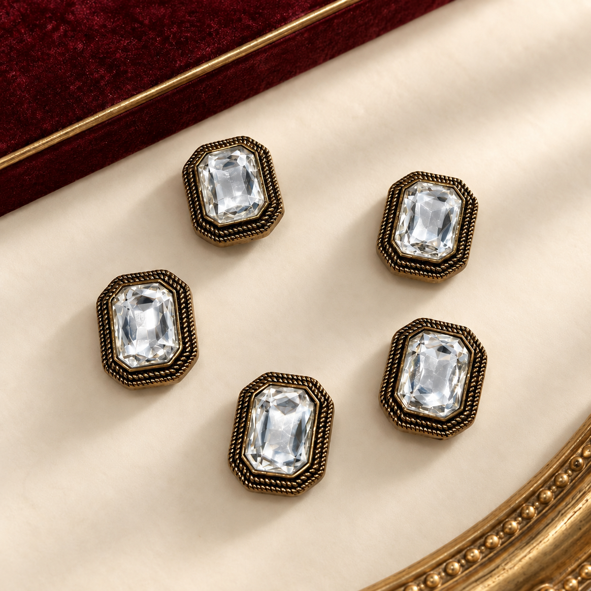 Five crystal gem dog collar charms with faceted stones and vintage gold-tone frames