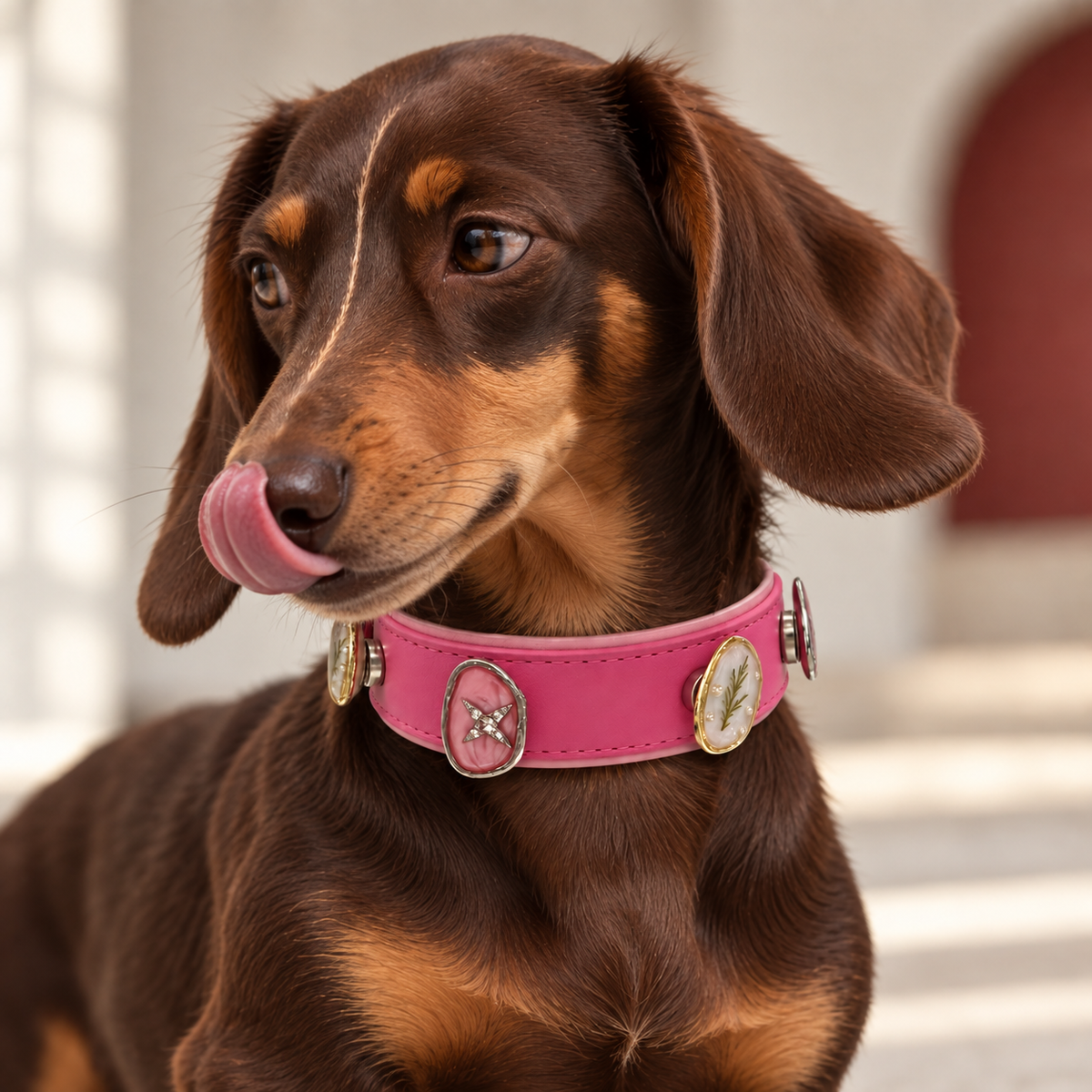 Dachshund wearing a pink collar styled with vintage botanical dog collar jewelry