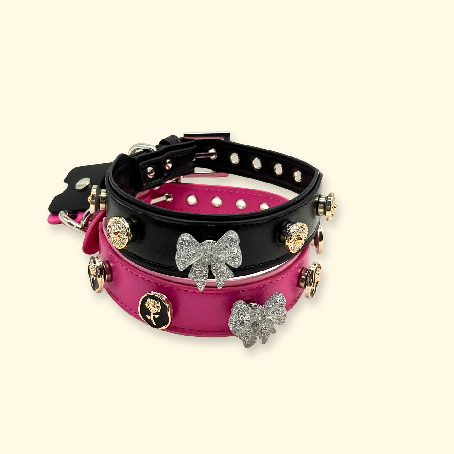 Two Petiria interchangeable dog collars featuring vintage-inspired bow, rose, and crystal snap-on charms from different viewing angles.