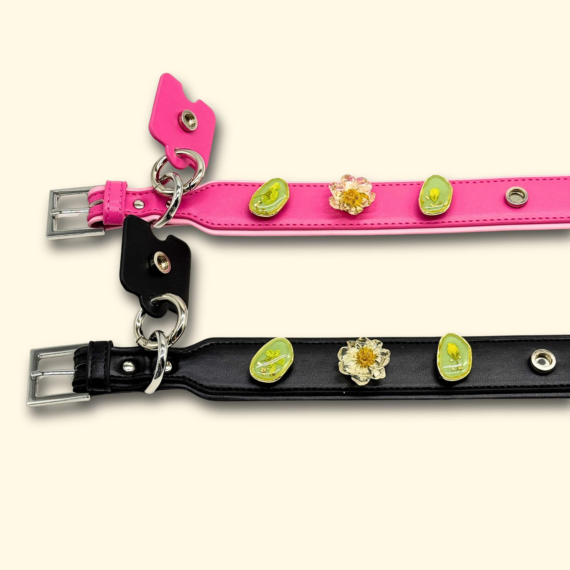 Vintage Floral Geometric Charms displayed on a black pet collar, highlighting their elegant and artistic design