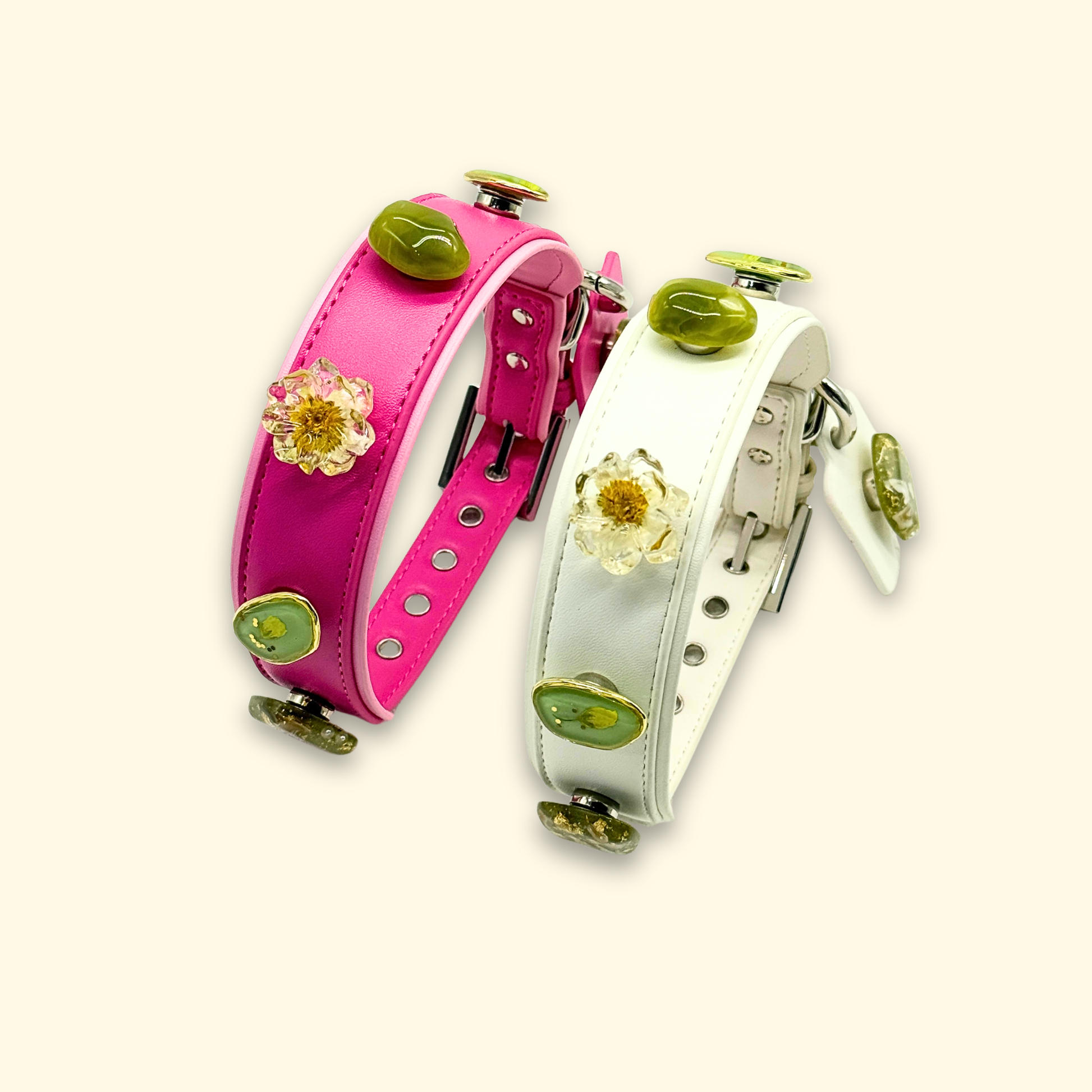 Vintage Floral Geometric Charms on a white pet collar with floral accents, showing a customizable and artistic touch