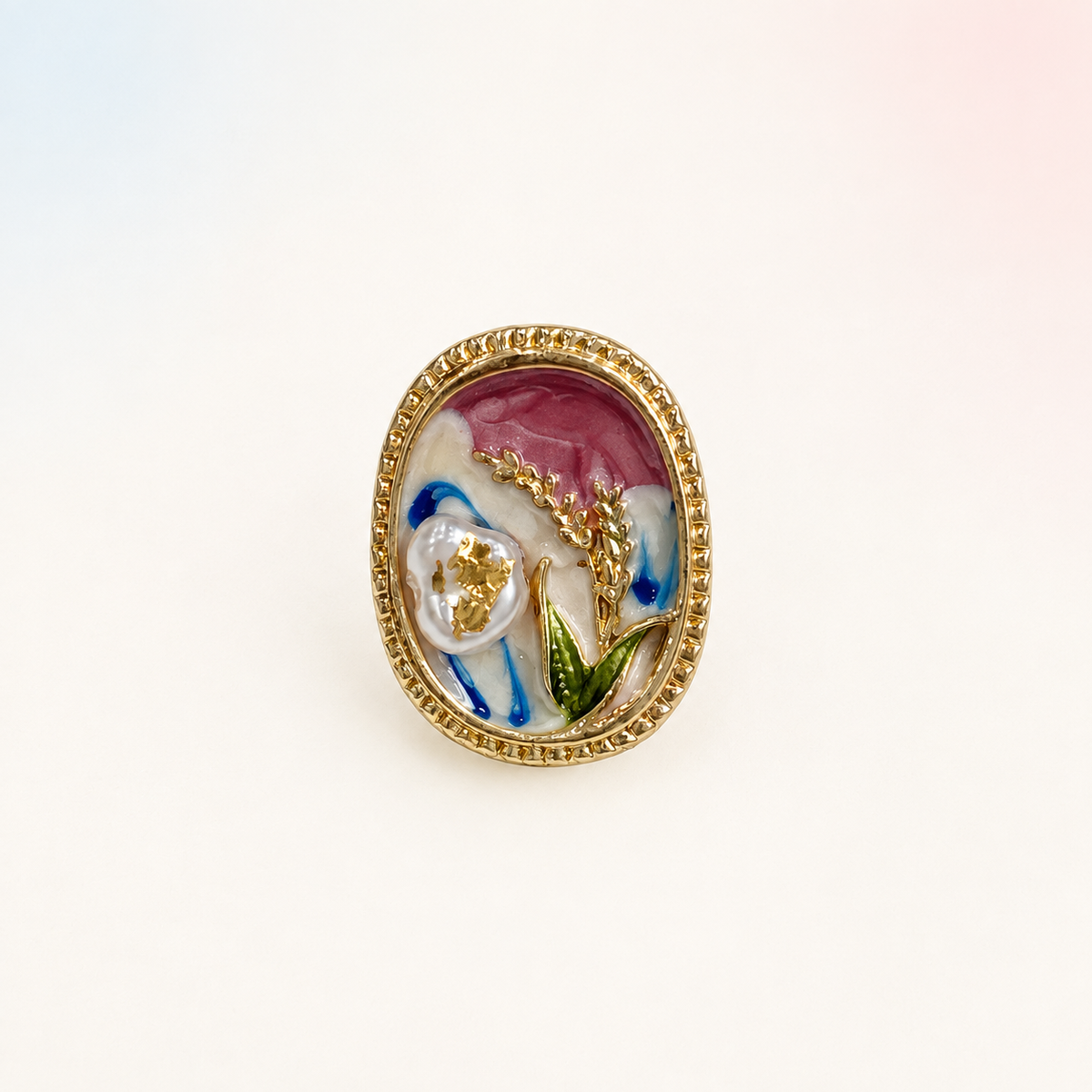 Vintage Garden Cameo dog collar charm with an oval gold-tone frame and colorful miniature garden-inspired scene