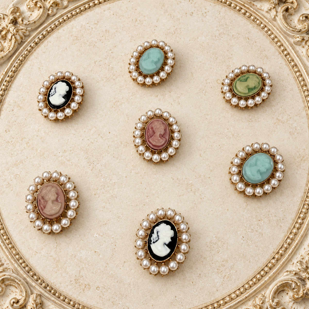 Vintage pearl cameo dog collar charms in black, blue, green and pink with pearl-style borders