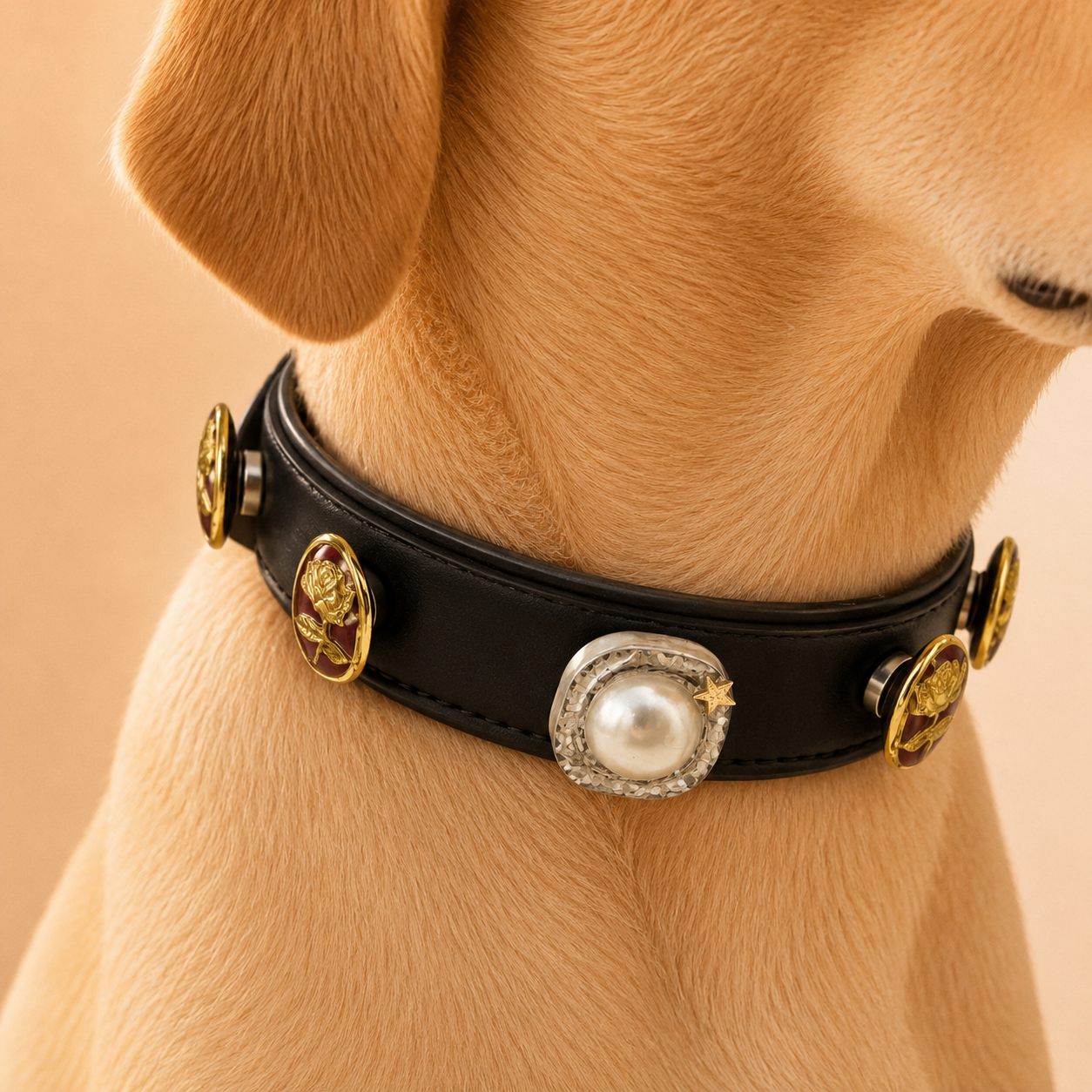 Dog wearing a black adjustable leather collar styled with vintage pearl and rose enamel snap-on charms, showcasing a luxury interchangeable pet collar system for dogs.