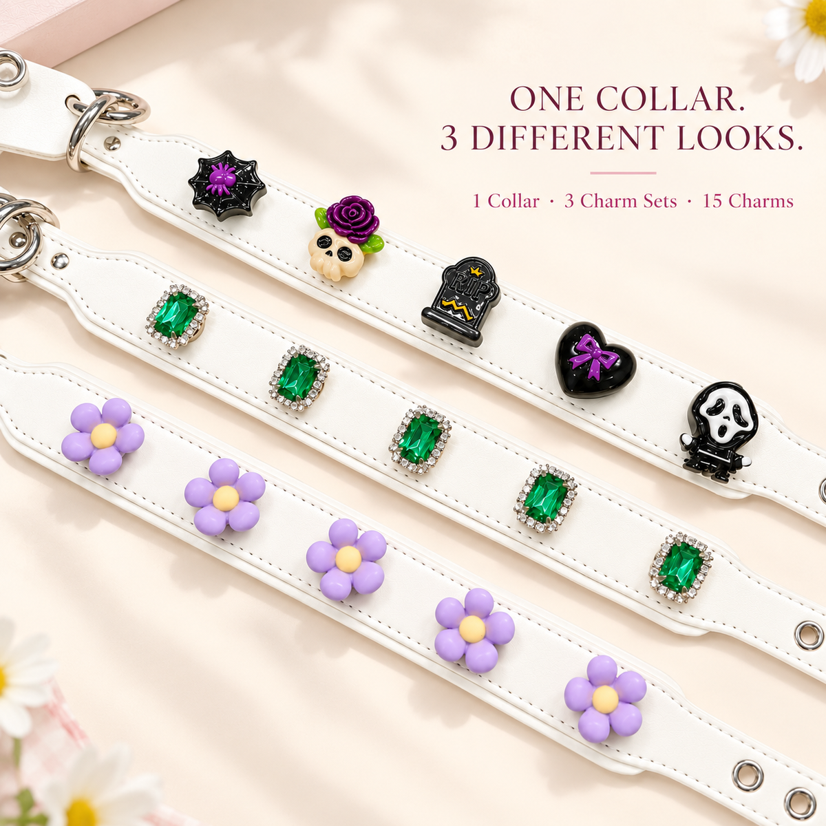 White dog collar starter kit with 3 interchangeable charm sets and 15 dog collar charms