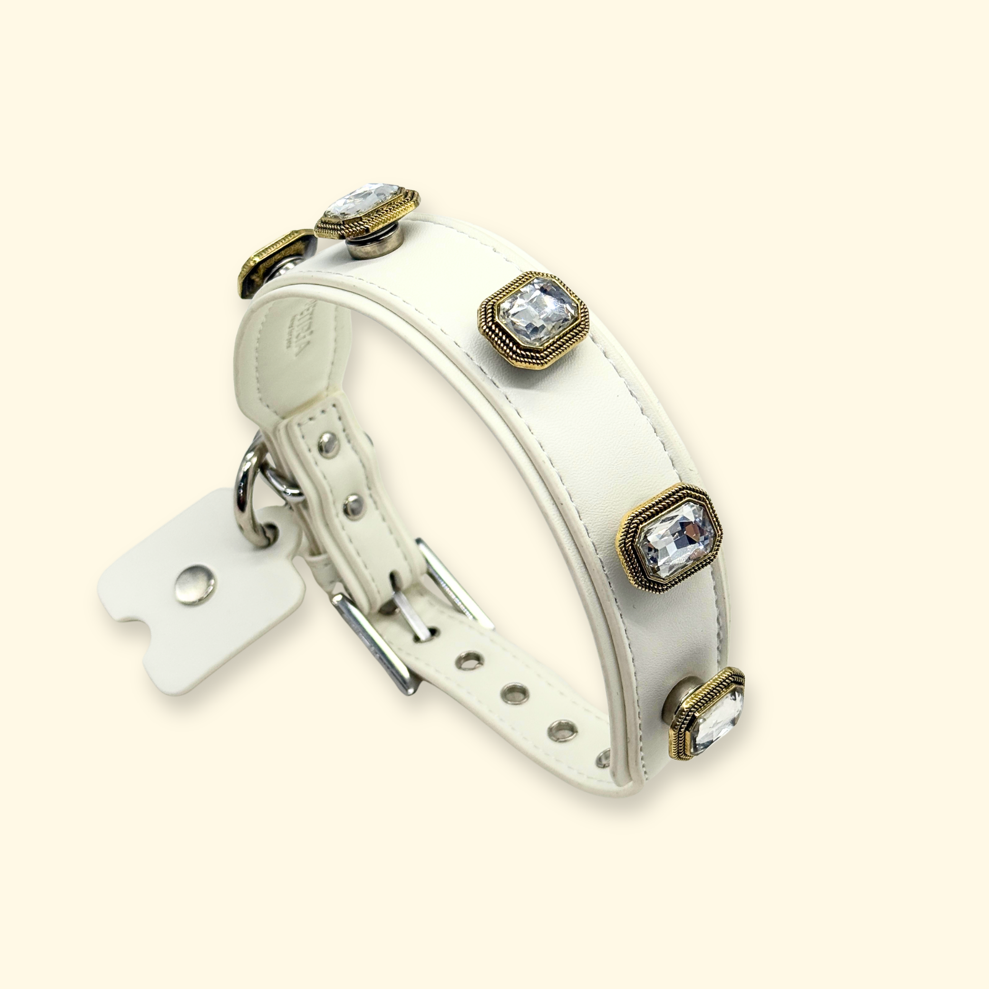 dog wearing white leather collar with gold framed crystal gem snap-on charms, elegant minimalist pet styling accessory