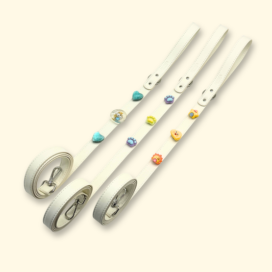 White dog leashes with interchangeable charms for stylish dogs and cats