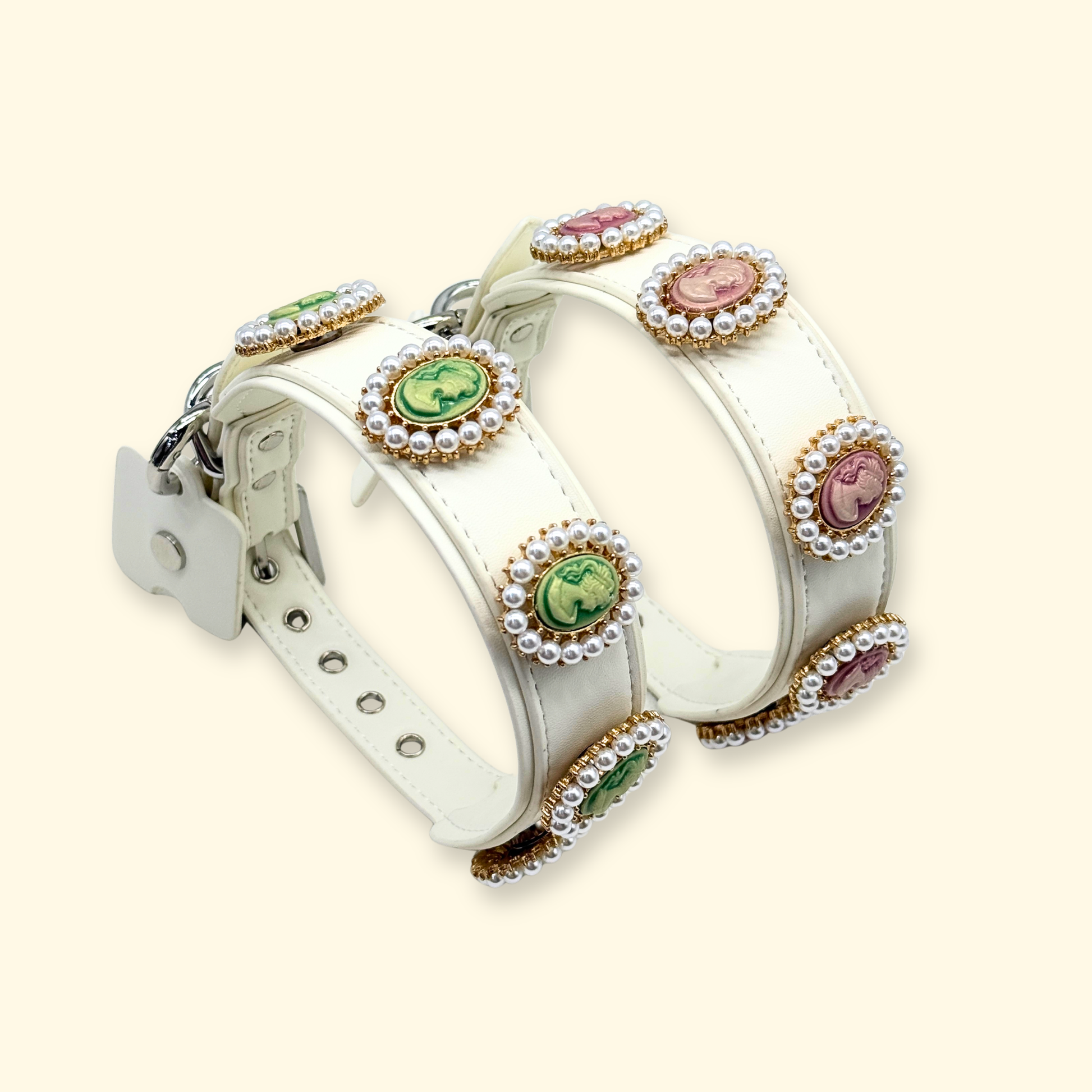 White double dog collar featuring pearl framed cameo medallion charms, luxury vintage style pet accessory with pastel elegance