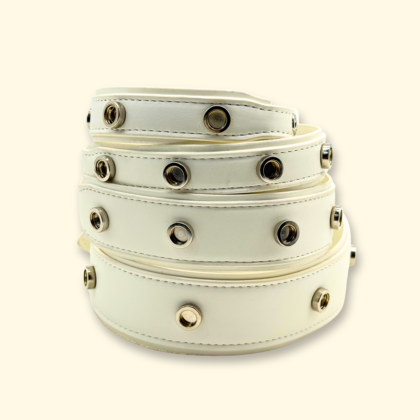White adjustable dog collar with snap-on metal charm rings designed as part of the PETIRIA interchangeable pet styling system for dogs and cats.