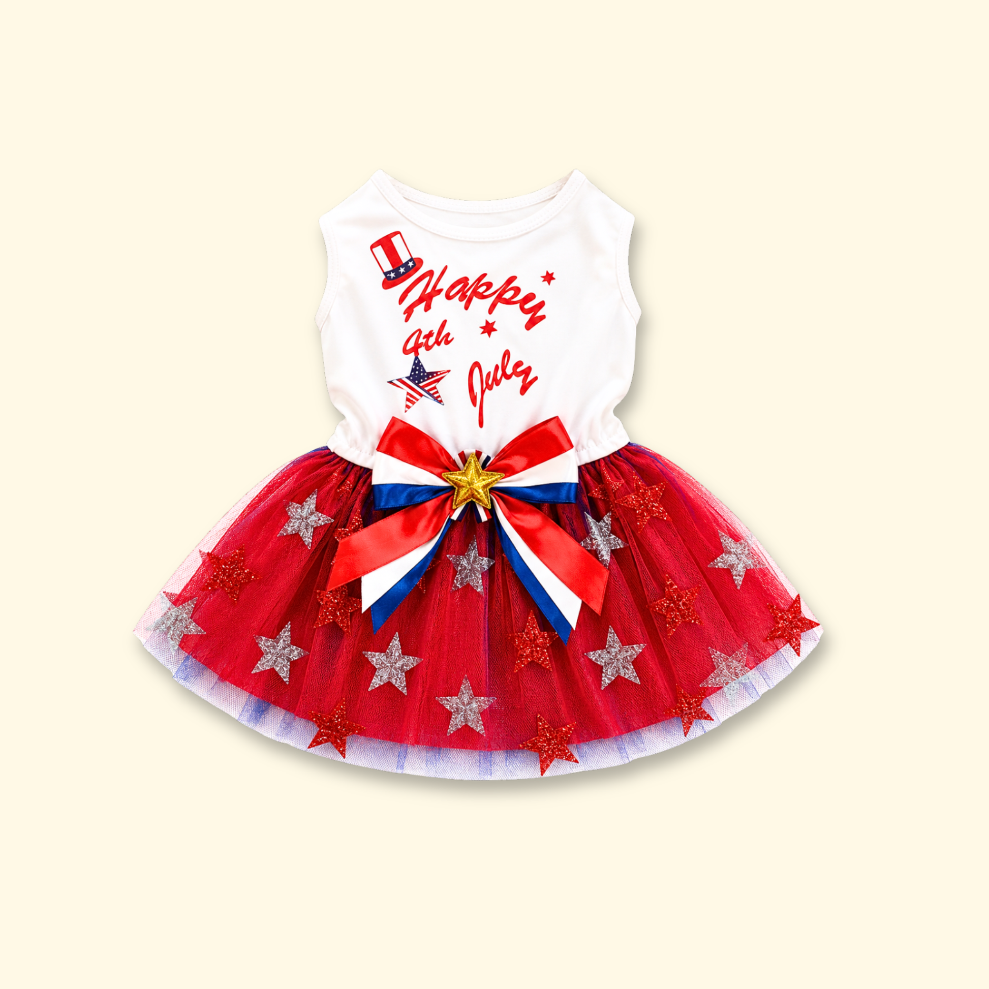 White July 4th pet dress with red star tutu skirt for dogs and cats