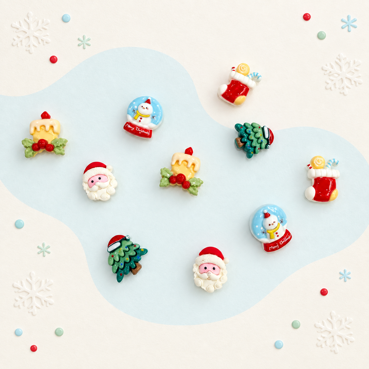 Winter Christmas dog collar charms featuring Santa, snowman snow globe, candy stocking, holly candle and snowy Christmas tree designs