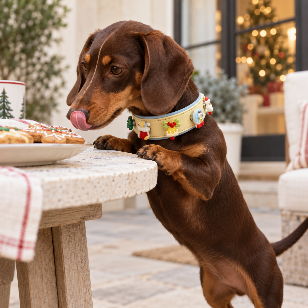 Dachshund wearing winter Christmas dog collar charms on a Petiria interchangeable collar for festive holiday styling
