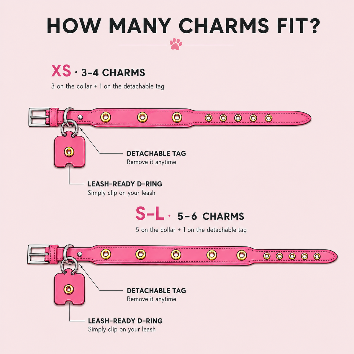 Petiria dog collar system showing XS fits 3–4 charms and S–L fits 5–6 charms, with a detachable tag and leash-ready D-ring