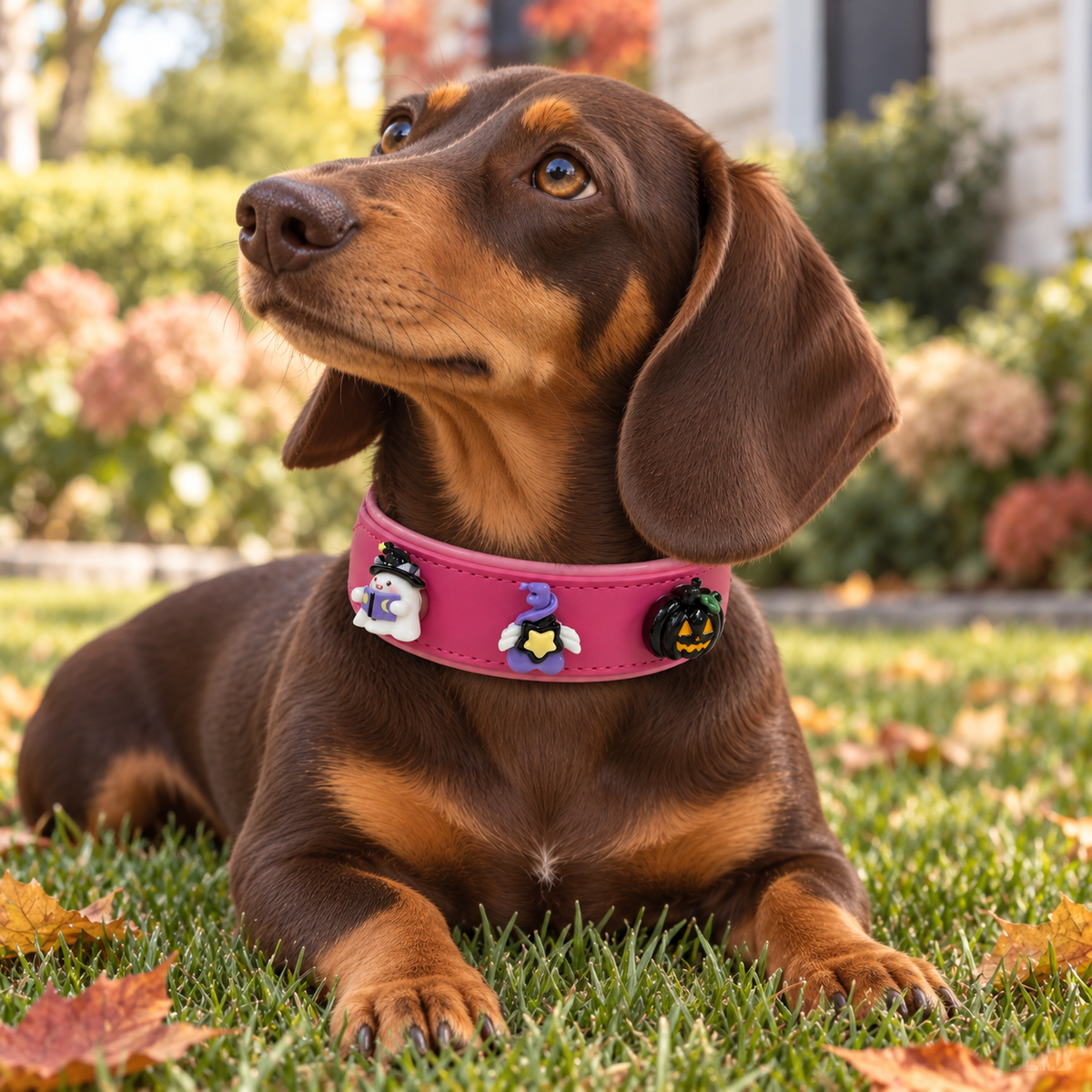 Dachshund wearing a pink Petiria collar styled with witchy Halloween dog collar charms outdoors in fall