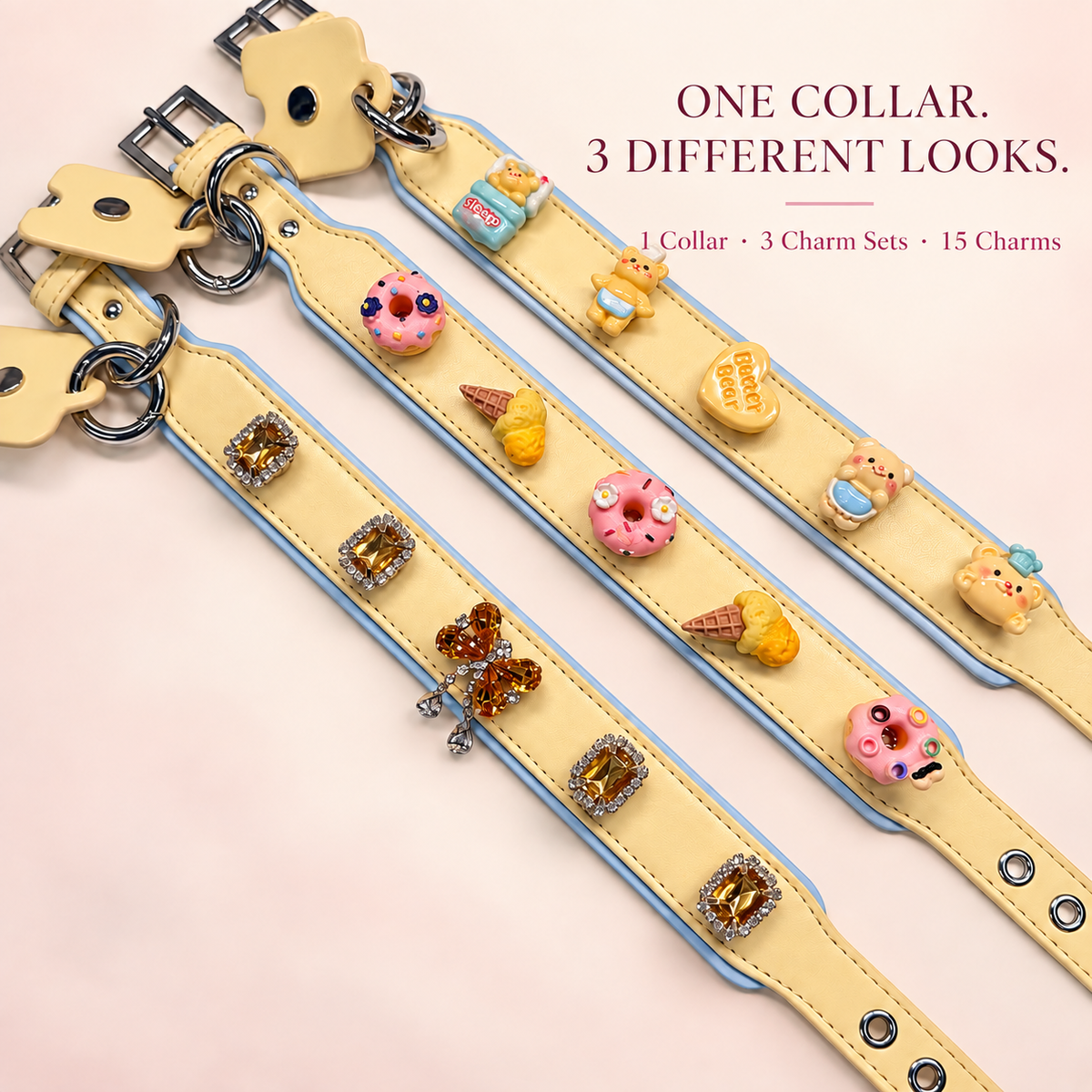 Yellow dog collar starter kit with 3 interchangeable charm sets and 15 dog collar charms