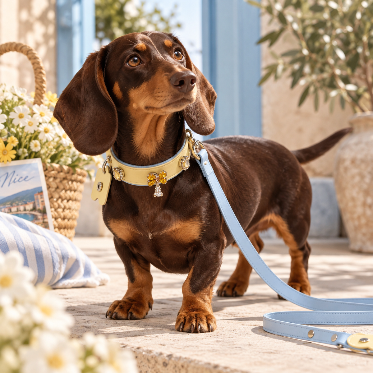 Dachshund wearing a yellow dog collar with jeweled charms paired with a light blue dog leash