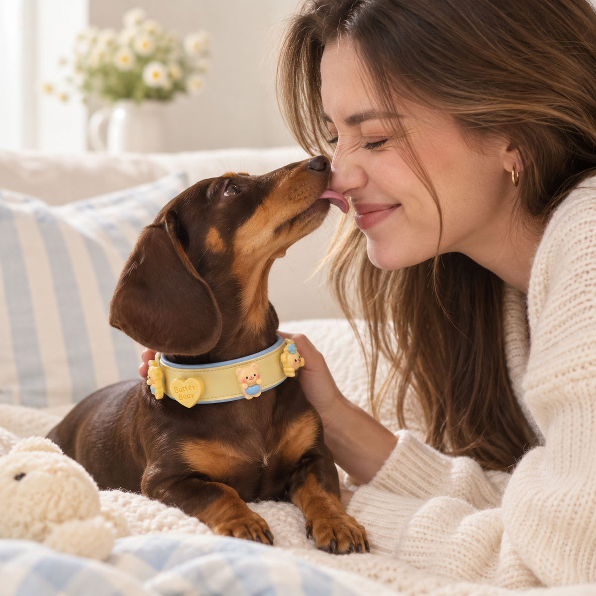 Dachshund wearing a yellow dog collar with cute charms while cuddling with its owner at home
