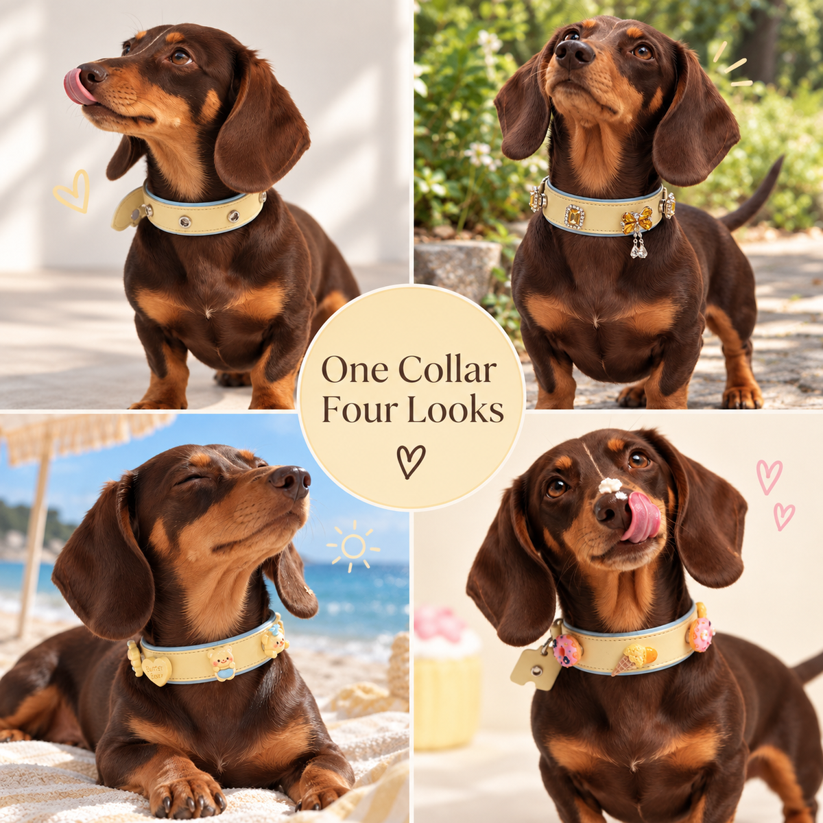Dachshund wearing a yellow dog collar styled with four different interchangeable dog collar charm looks