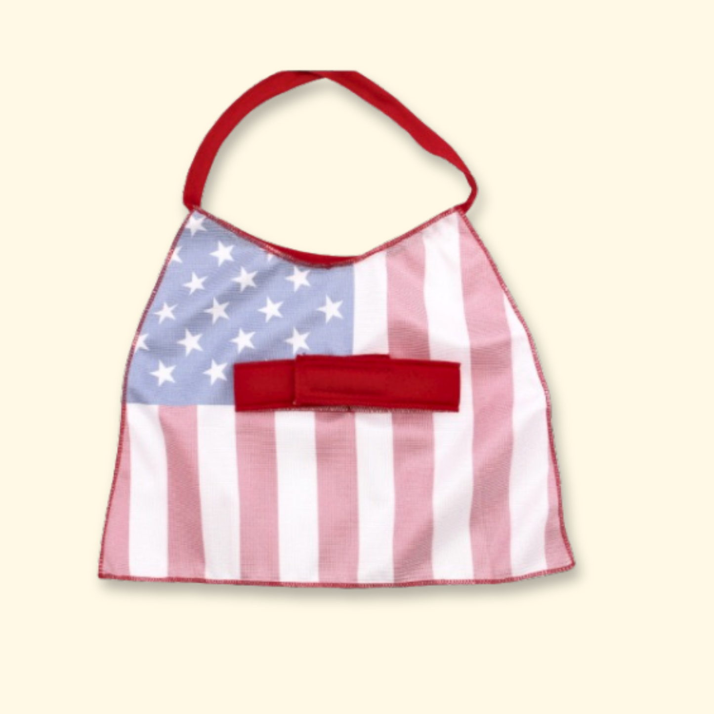 Back view of patriotic dog cape with American flag design and adjustable tie