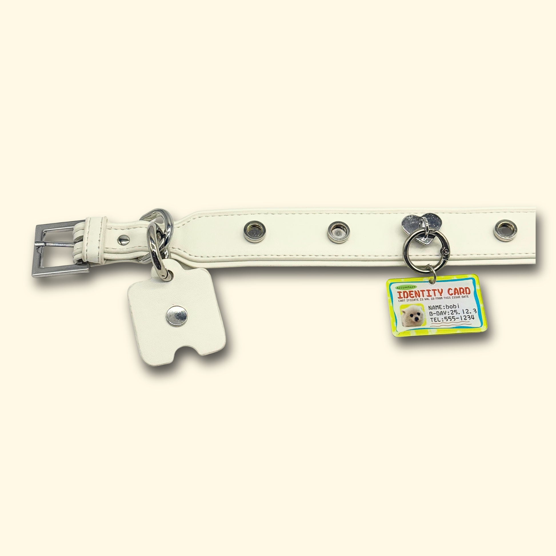 Custom Pet ID Tag Attached to Dog Collar, Featuring a Heart-Shaped Charm for Stylish Identification