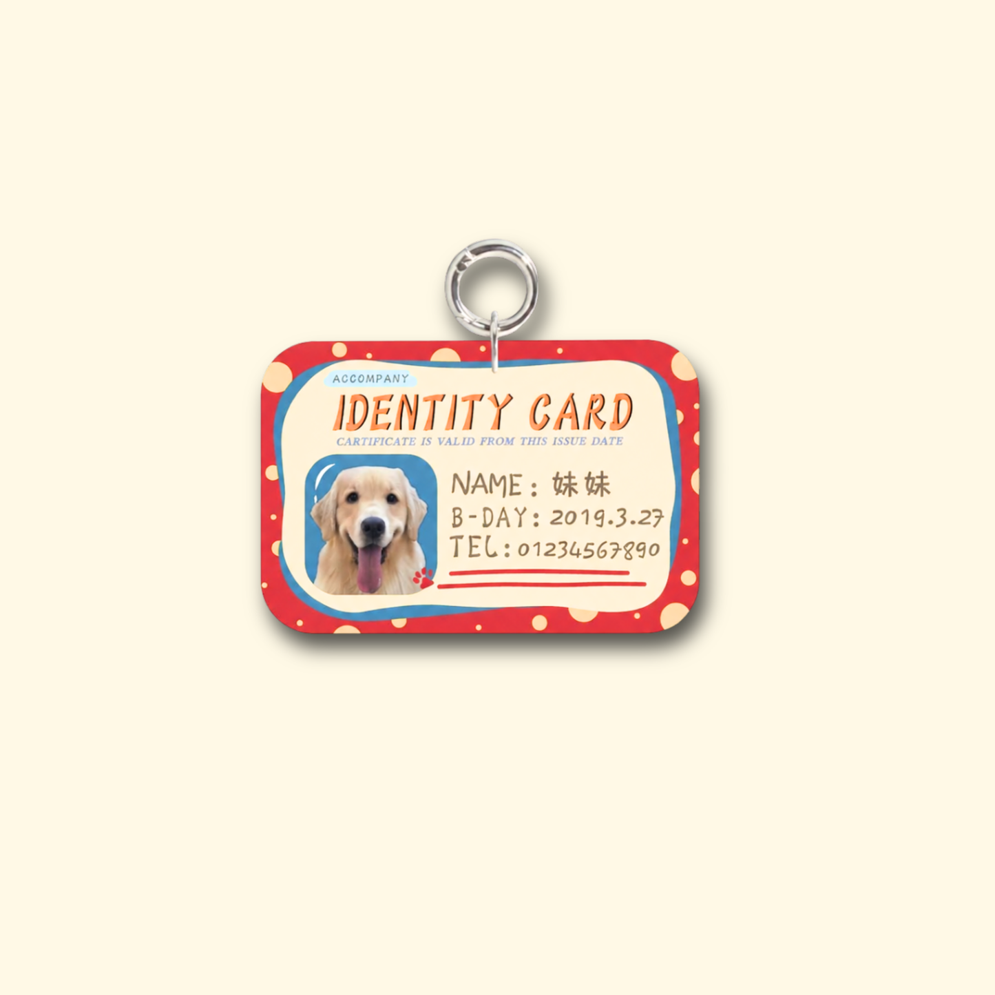 Close-Up of Custom Pet ID Tag in Polka Dot Red with Pet's Name and Contact Information
