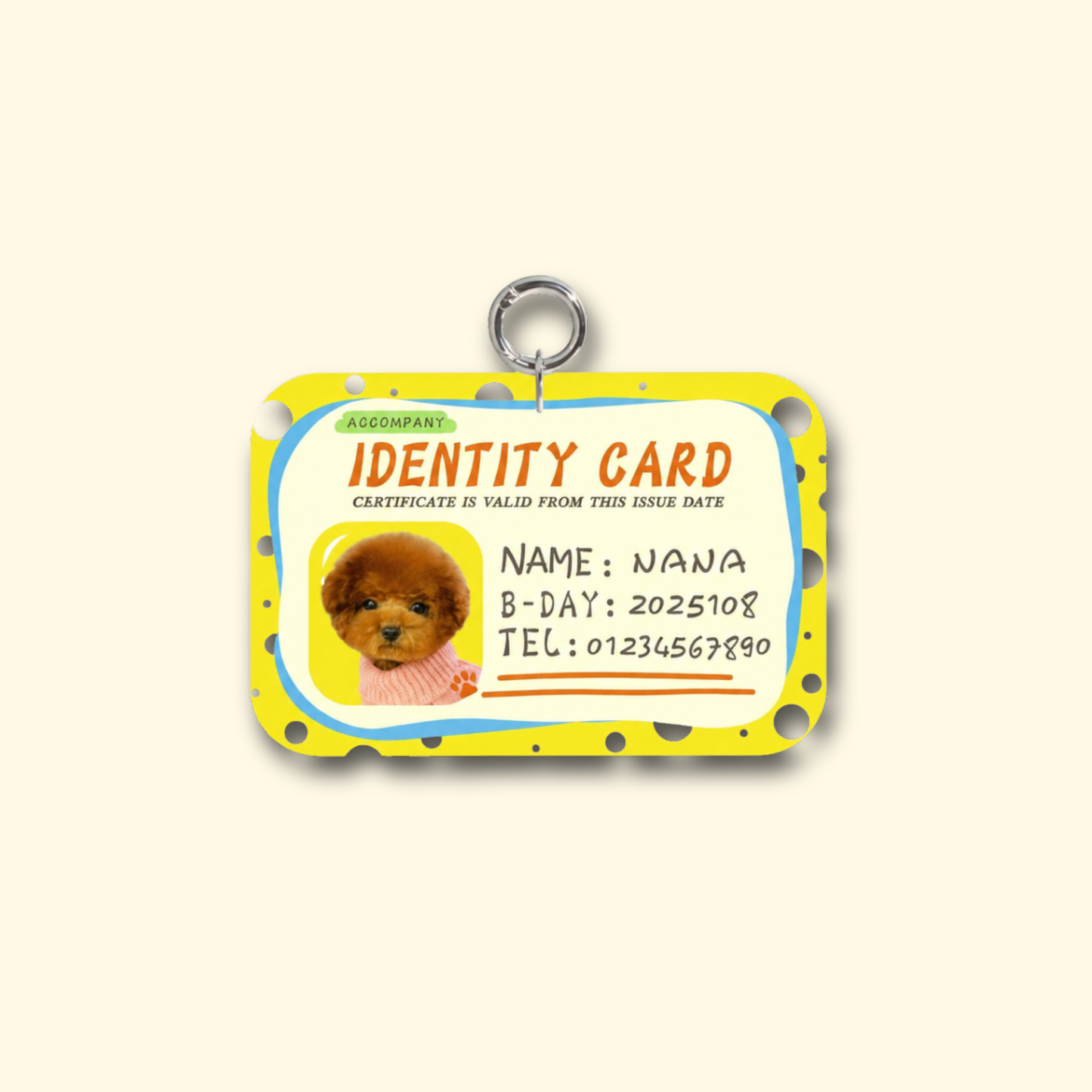 Close-Up of Custom Pet ID Tag in Polka Dot Yellow, Featuring Pet's Name and Birthday