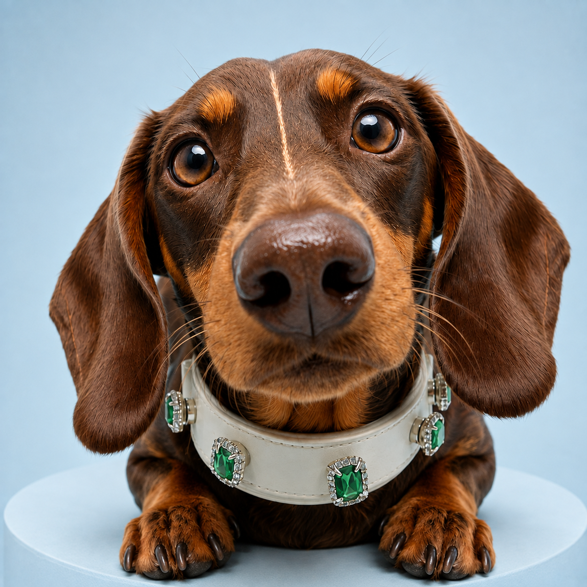 Dachshund wearing a white Petiria collar with green rhinestone dog collar charms