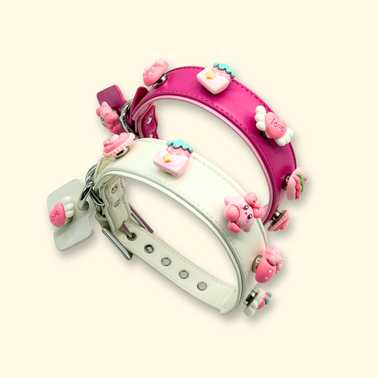 interchangeable dog collar charms on pink and white customizable pet collars