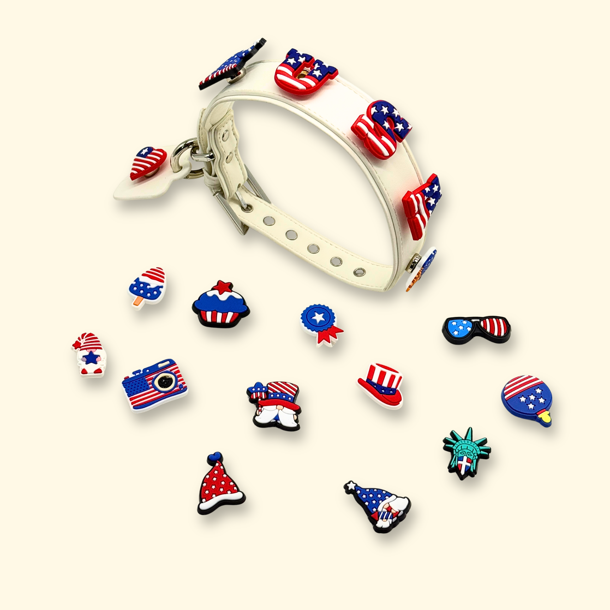 White patriotic dog collar with interchangeable USA-themed charms for 4th of July pet outfits